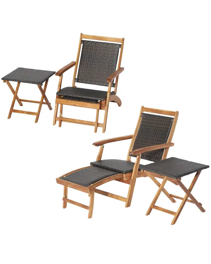 2 Pieces Patio Rattan Folding Lounge Chair with Acacia Wood Table - Brown - Outdoor Chaise Lounges