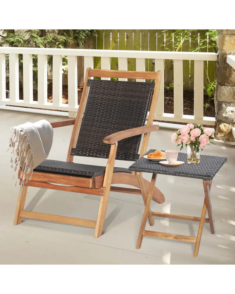 2 Pieces Patio Rattan Folding Lounge Chair with Acacia Wood Table - Brown - Outdoor Chaise Lounges