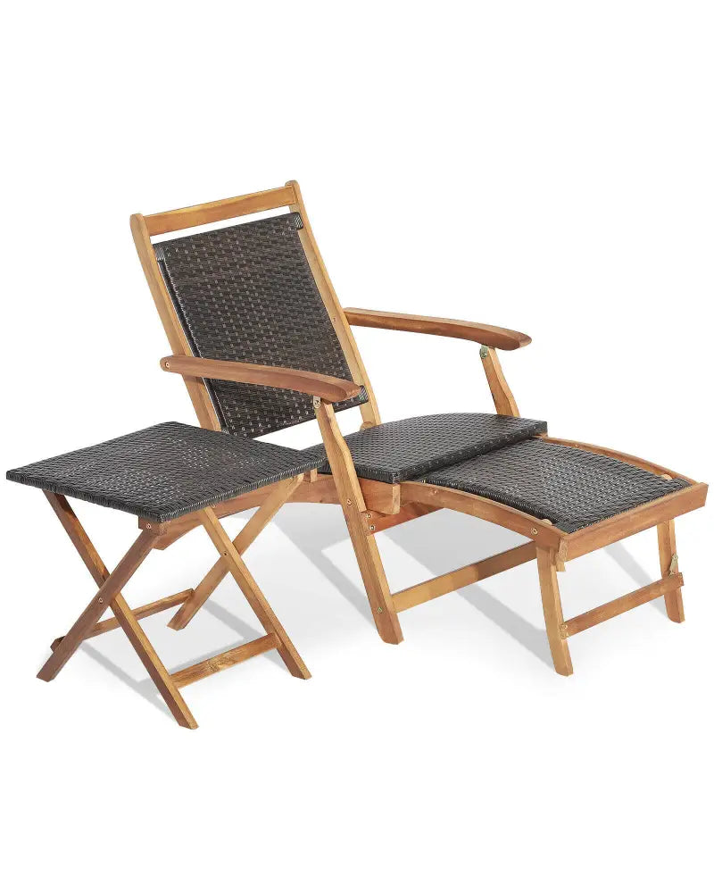 2 Pieces Patio Rattan Folding Lounge Chair with Acacia Wood Table - Brown - Outdoor Chaise Lounges