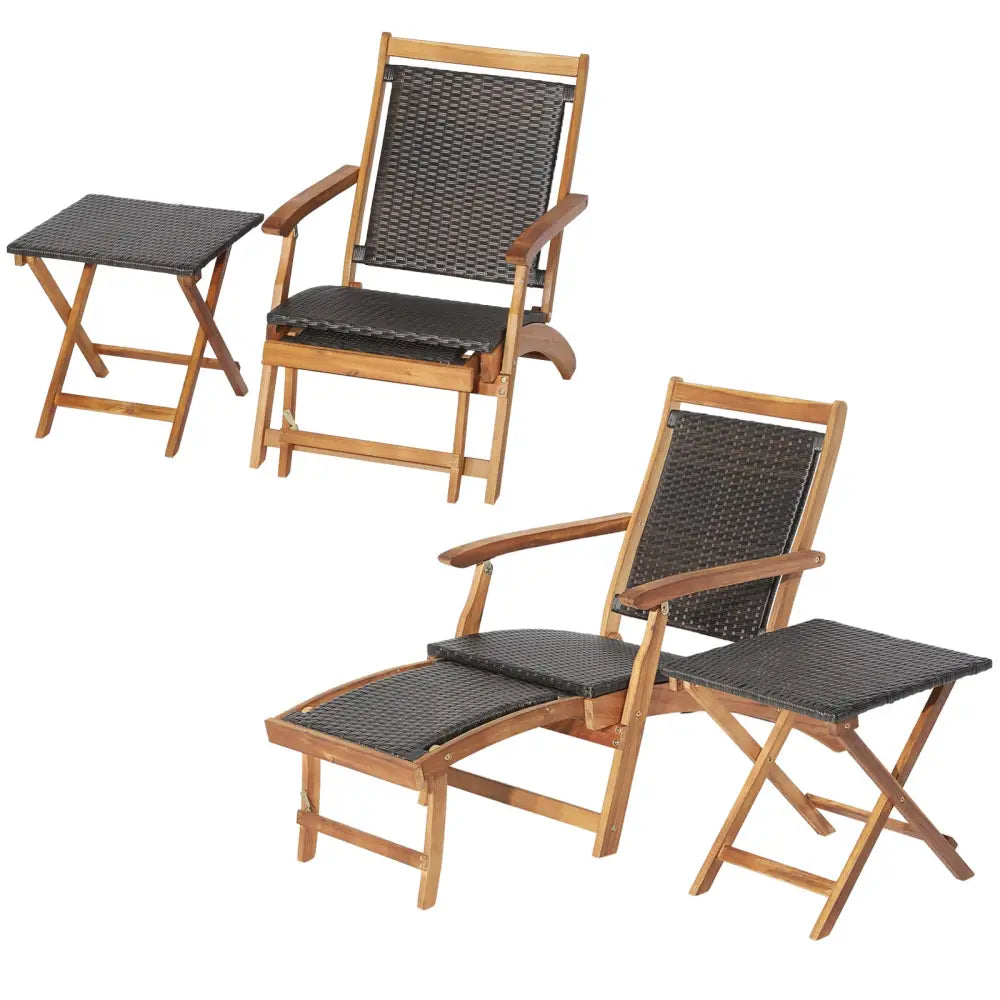 2 Pieces Patio Rattan Folding Lounge Chair with Acacia Wood Table - Brown - Outdoor Chaise Lounges