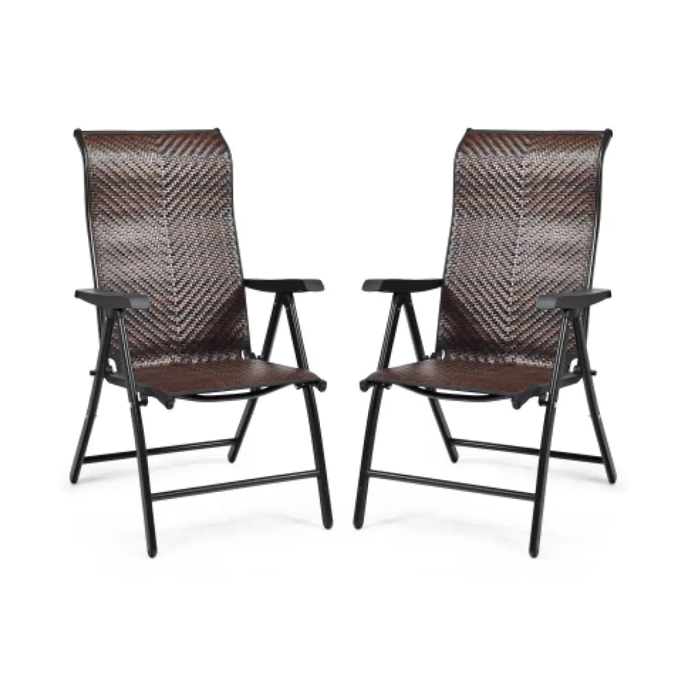 2 Pieces Patio Rattan Folding Reclining Chair - Brown - Patio Dining Chairs