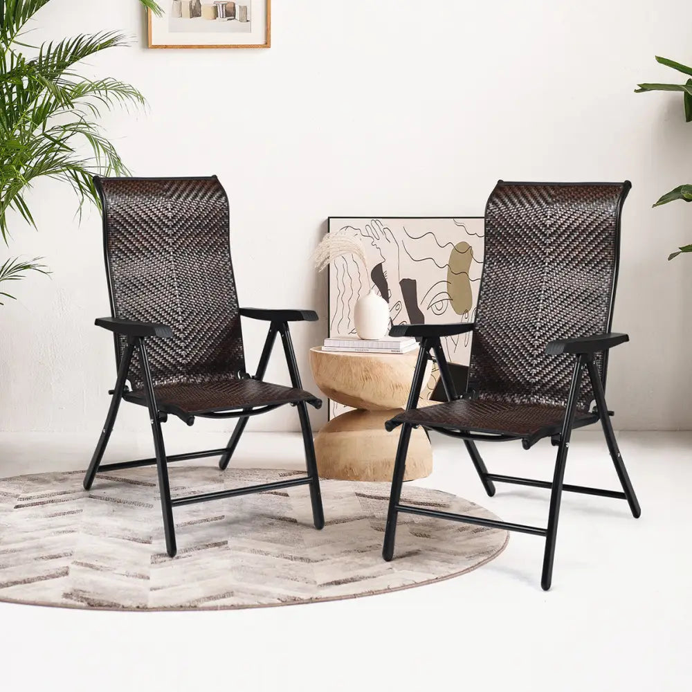 2 Pieces Patio Rattan Folding Reclining Chair - Brown - Patio Dining Chairs