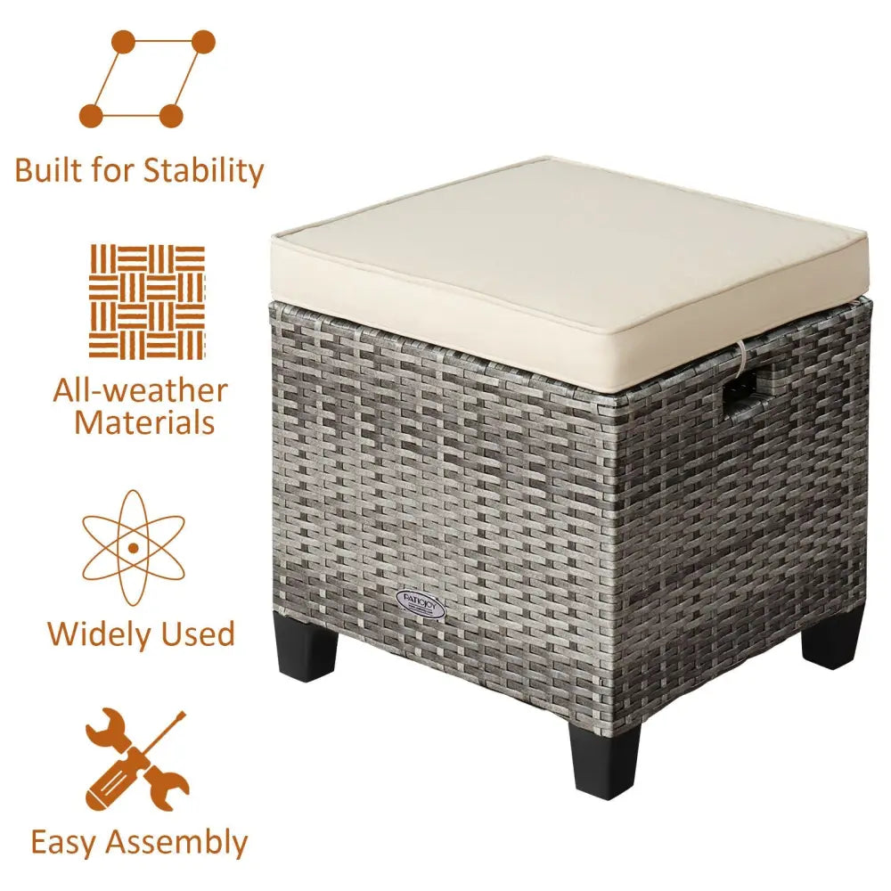 2 Pieces Patio Rattan Ottoman Seat with Removable Cushions-Beige - Beige - Outdoor Seating & Patio Chairs