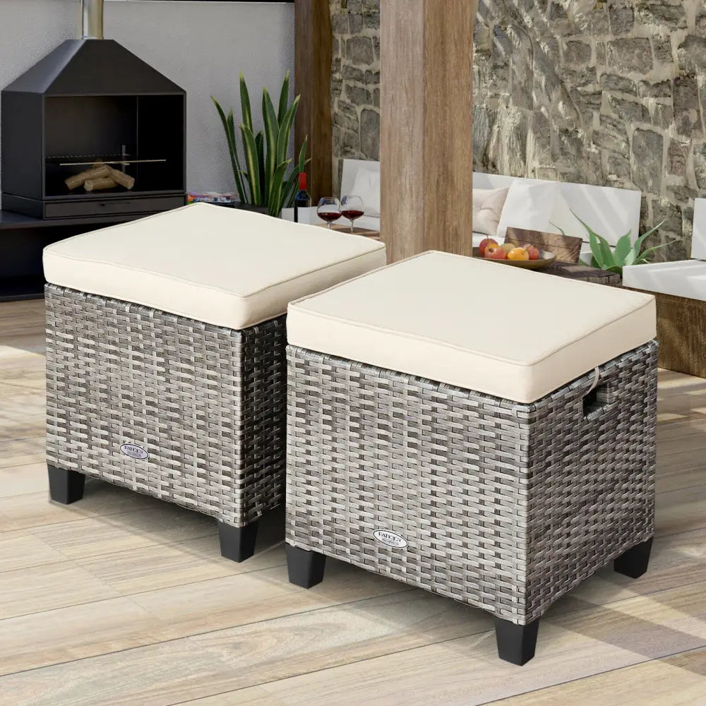 2 Pieces Patio Rattan Ottoman Seat with Removable Cushions-Beige - Beige - Outdoor Seating & Patio Chairs