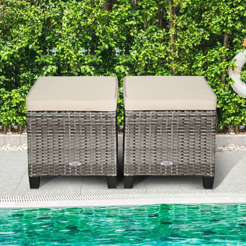2 Pieces Patio Rattan Ottoman Seat with Removable Cushions-Beige - Beige - Outdoor Seating & Patio Chairs