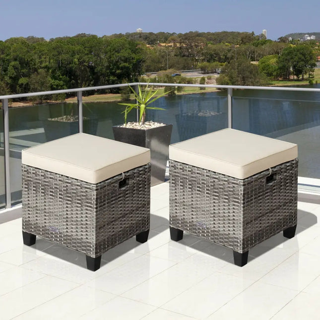 2 Pieces Patio Rattan Ottoman Seat with Removable Cushions-Beige - Beige - Outdoor Seating & Patio Chairs
