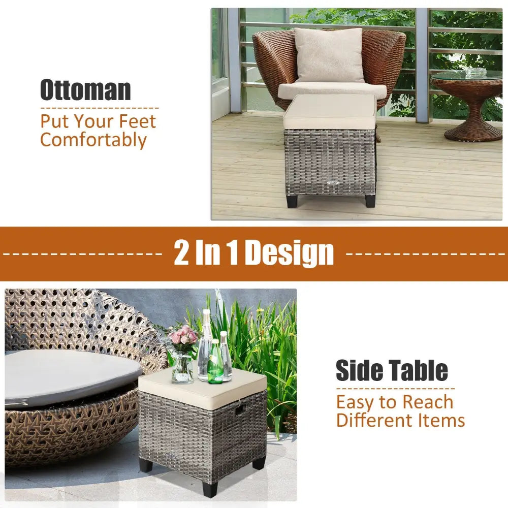 2 Pieces Patio Rattan Ottoman Seat with Removable Cushions-Beige - Beige - Outdoor Seating & Patio Chairs