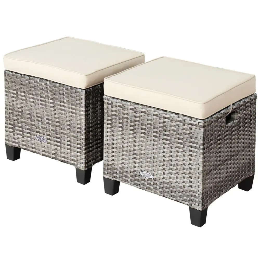 2 Pieces Patio Rattan Ottoman Seat with Removable Cushions-Beige - Beige - Outdoor Seating & Patio Chairs