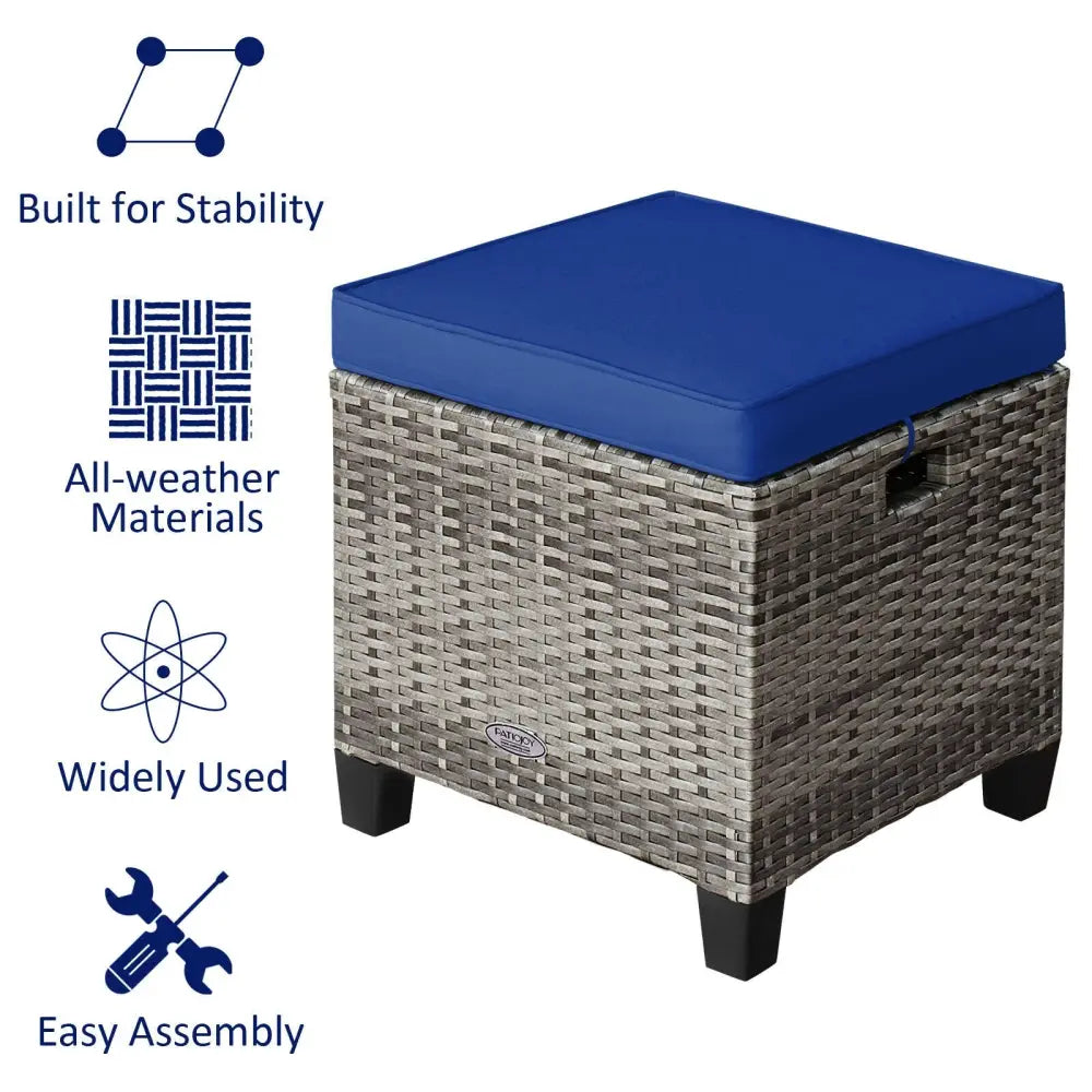 2 Pieces Patio Rattan Ottoman Seat with Removable Cushions-Navy - Navy - Outdoor Seating & Patio Chairs