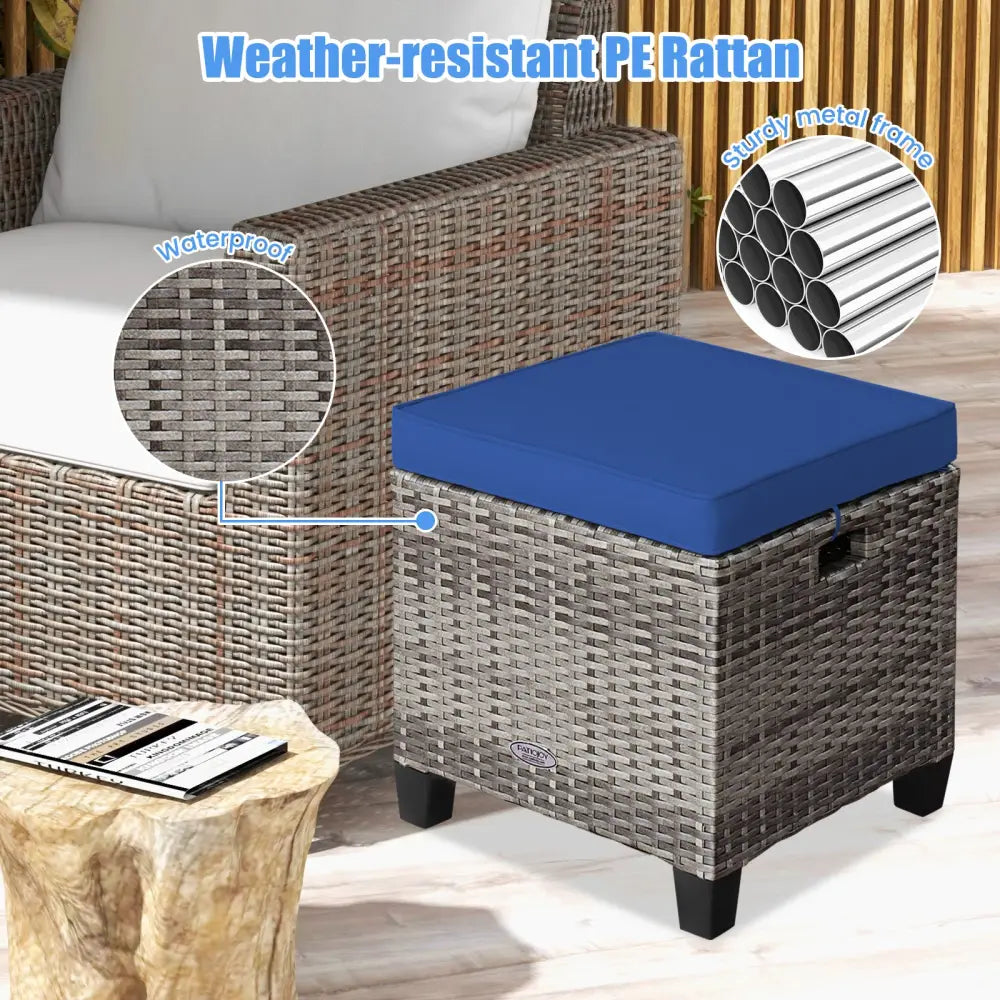 2 Pieces Patio Rattan Ottoman Seat with Removable Cushions-Navy - Navy - Outdoor Seating & Patio Chairs