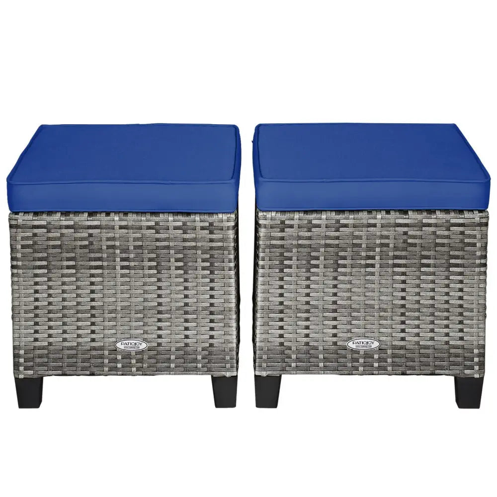 2 Pieces Patio Rattan Ottoman Seat with Removable Cushions-Navy - Navy - Outdoor Seating & Patio Chairs