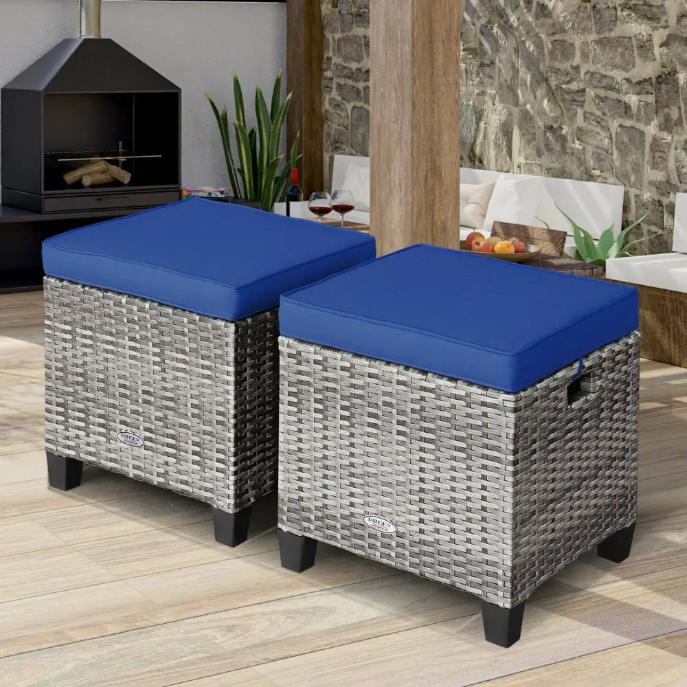 2 Pieces Patio Rattan Ottoman Seat with Removable Cushions-Navy - Navy - Outdoor Seating & Patio Chairs