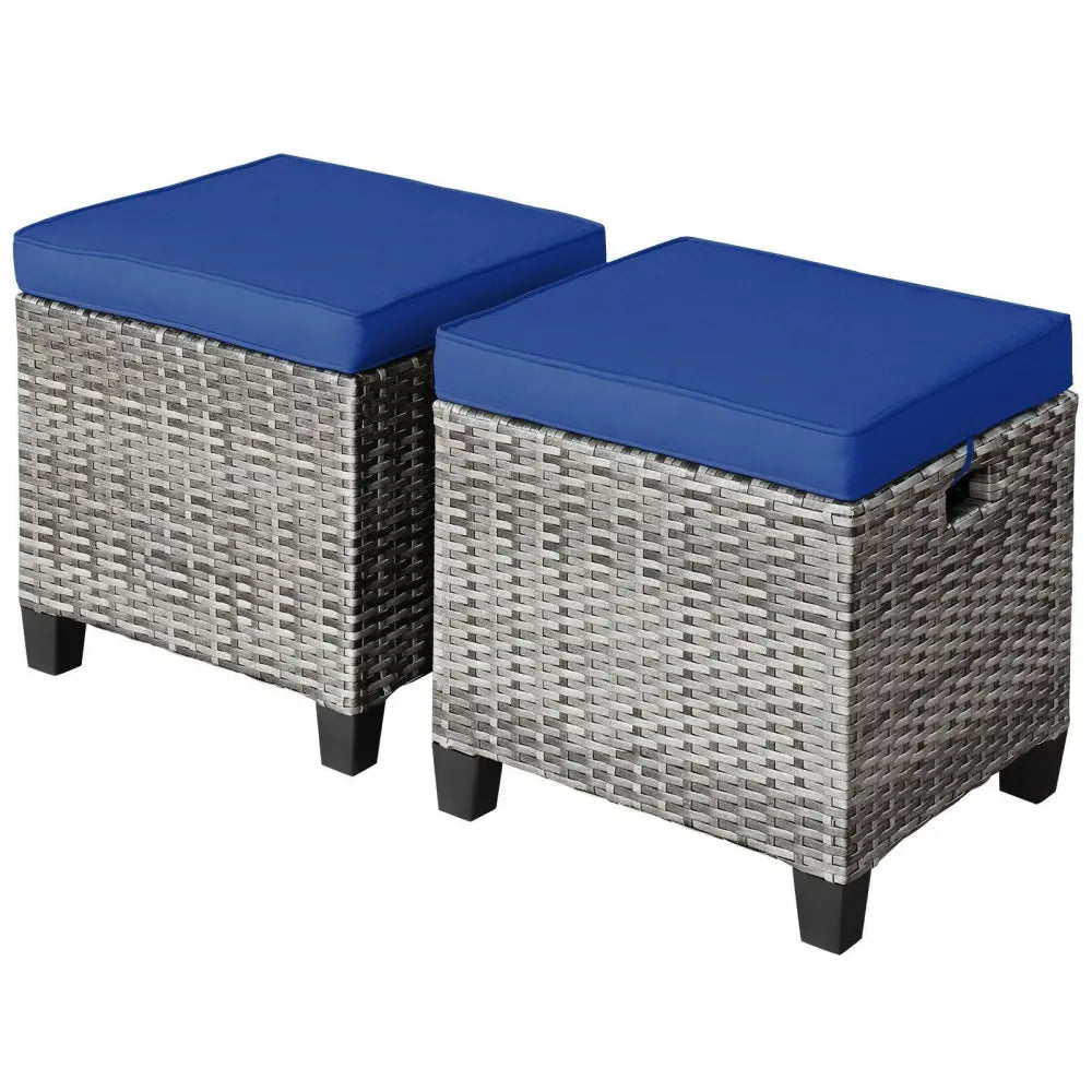2 Pieces Patio Rattan Ottoman Seat with Removable Cushions-Navy - Navy - Outdoor Seating & Patio Chairs