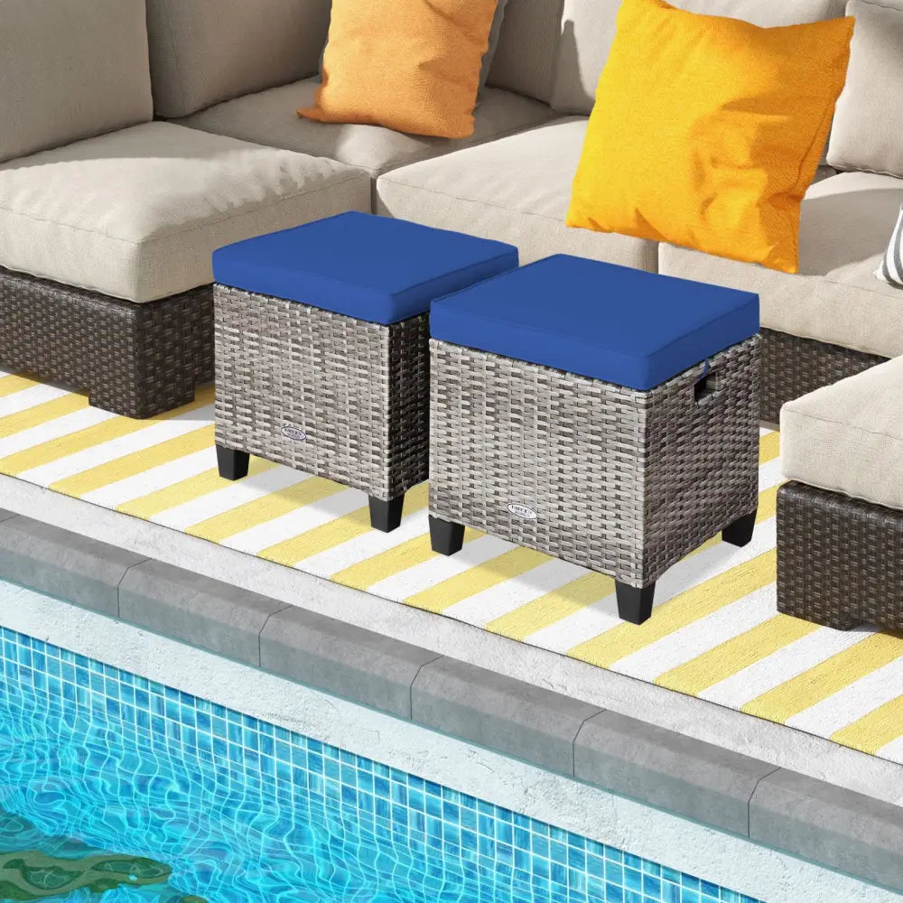 2 Pieces Patio Rattan Ottoman Seat with Removable Cushions-Navy - Navy - Outdoor Seating & Patio Chairs