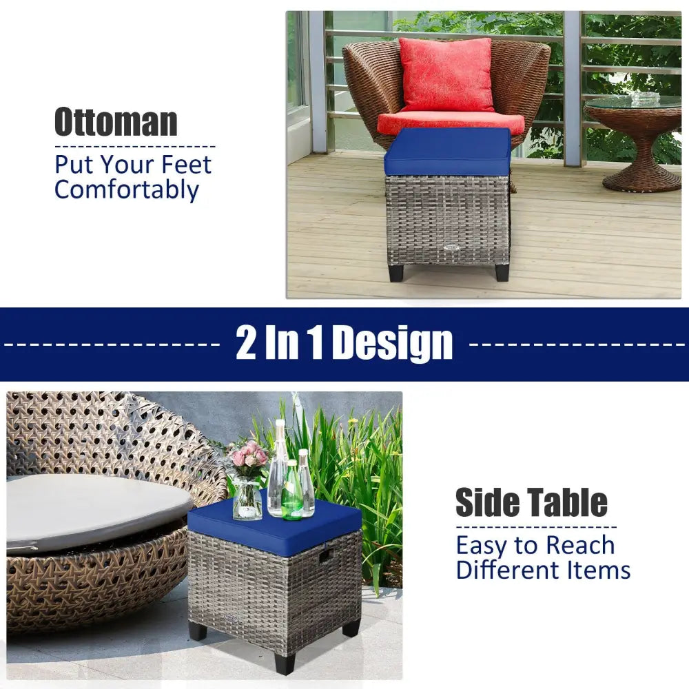 2 Pieces Patio Rattan Ottoman Seat with Removable Cushions-Navy - Navy - Outdoor Seating & Patio Chairs
