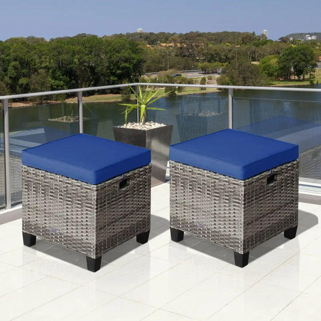 2 Pieces Patio Rattan Ottoman Seat with Removable Cushions-Navy - Navy - Outdoor Seating & Patio Chairs