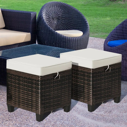 2 Pieces Patio Rattan Ottoman Set with Removable Cushions-Beige - Beige - Outdoor Seating & Patio Chairs