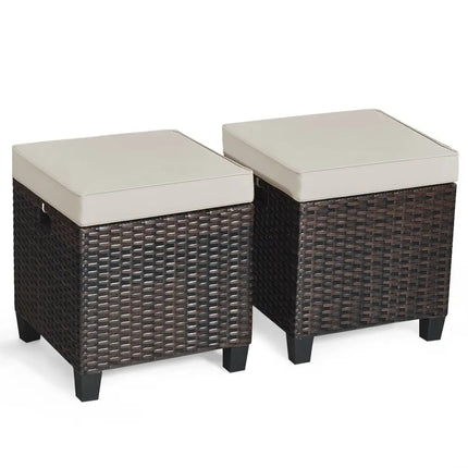 2 Pieces Patio Rattan Ottoman Set with Removable Cushions-Beige - Beige - Outdoor Seating & Patio Chairs