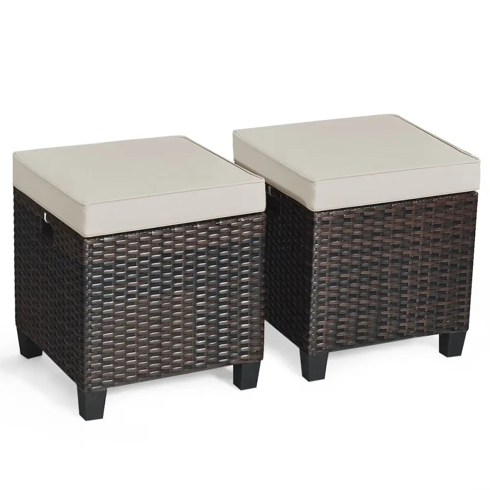 2 Pieces Patio Rattan Ottoman Set with Removable Cushions-Beige - Beige - Outdoor Seating & Patio Chairs
