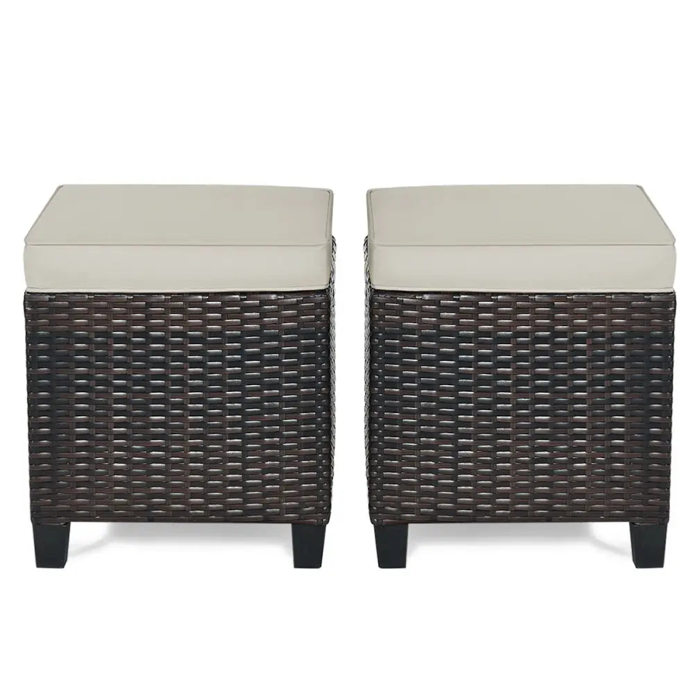 2 Pieces Patio Rattan Ottoman Set with Removable Cushions-Beige - Beige - Outdoor Seating & Patio Chairs