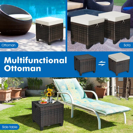 2 Pieces Patio Rattan Ottoman Set with Removable Cushions-Beige - Beige - Outdoor Seating & Patio Chairs