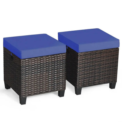 2 Pieces Patio Rattan Ottoman Set with Removable Cushions-Navy - Navy - Outdoor Seating & Patio Chairs