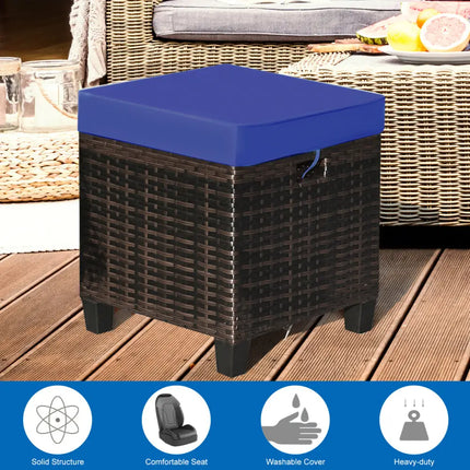 2 Pieces Patio Rattan Ottoman Set with Removable Cushions-Navy - Navy - Outdoor Seating & Patio Chairs