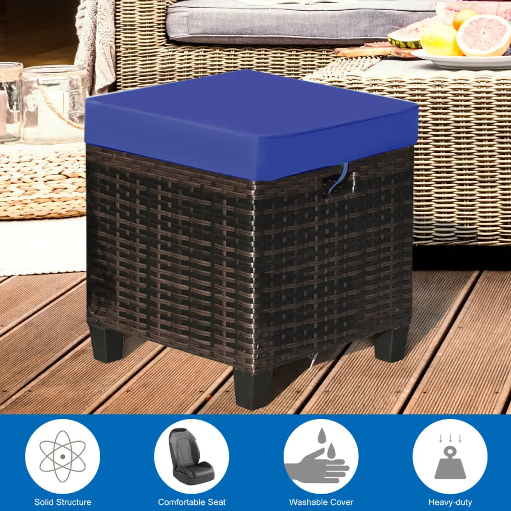 2 Pieces Patio Rattan Ottoman Set with Removable Cushions-Navy - Navy - Outdoor Seating & Patio Chairs