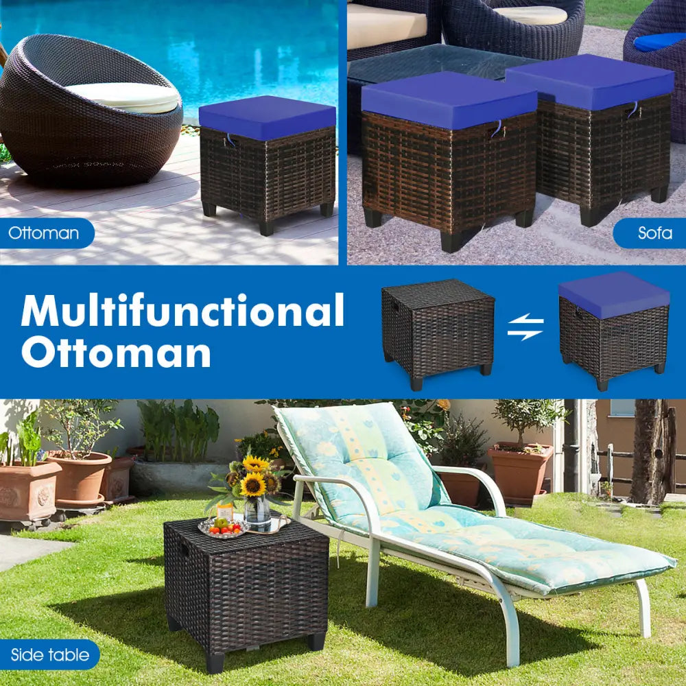 2 Pieces Patio Rattan Ottoman Set with Removable Cushions-Navy - Navy - Outdoor Seating & Patio Chairs