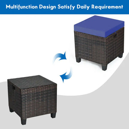 2 Pieces Patio Rattan Ottoman Set with Removable Cushions-Navy - Navy - Outdoor Seating & Patio Chairs