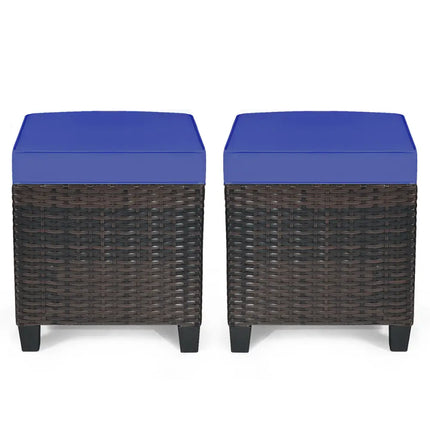 2 Pieces Patio Rattan Ottoman Set with Removable Cushions-Navy - Navy - Outdoor Seating & Patio Chairs