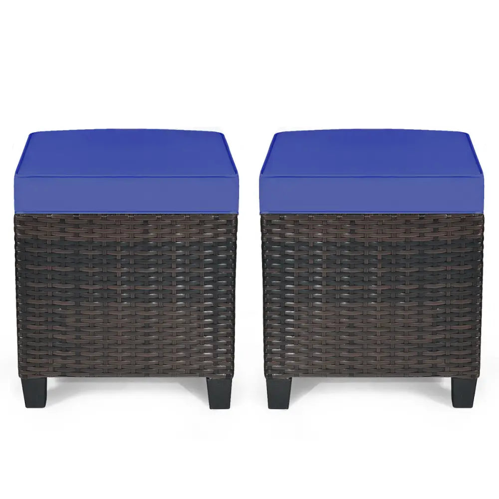 2 Pieces Patio Rattan Ottoman Set with Removable Cushions-Navy - Navy - Outdoor Seating & Patio Chairs
