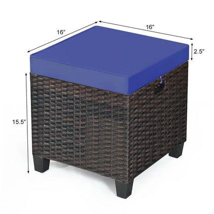 2 Pieces Patio Rattan Ottoman Set with Removable Cushions-Navy - Navy - Outdoor Seating & Patio Chairs