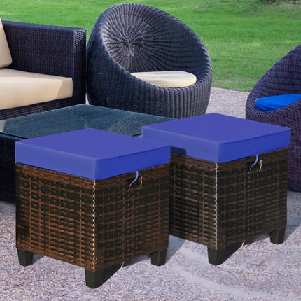 2 Pieces Patio Rattan Ottoman Set with Removable Cushions-Navy - Navy - Outdoor Seating & Patio Chairs