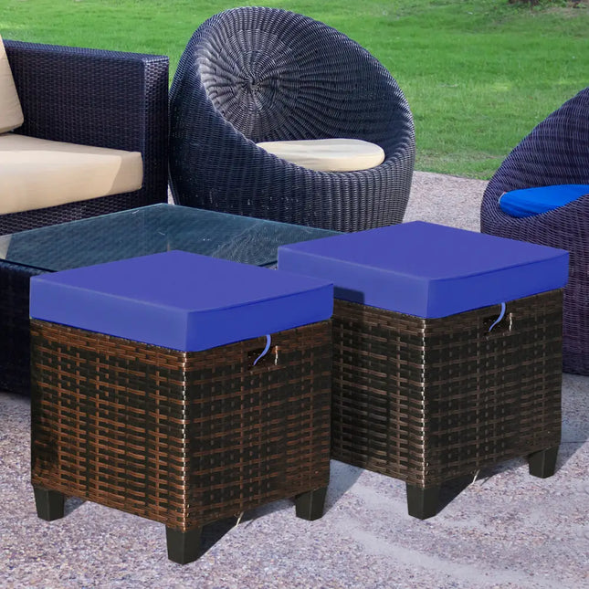 2 Pieces Patio Rattan Ottoman Set with Removable Cushions-Navy - Navy - Outdoor Seating & Patio Chairs