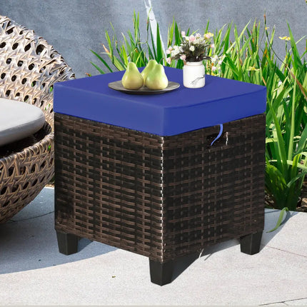 2 Pieces Patio Rattan Ottoman Set with Removable Cushions-Navy - Navy - Outdoor Seating & Patio Chairs