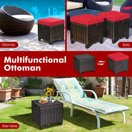 2 Pieces Patio Rattan Ottoman Set with Removable Cushions-Red - Red - Outdoor Seating & Patio Chairs
