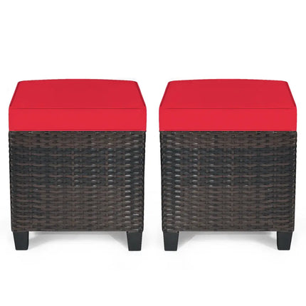 2 Pieces Patio Rattan Ottoman Set with Removable Cushions-Red - Red - Outdoor Seating & Patio Chairs