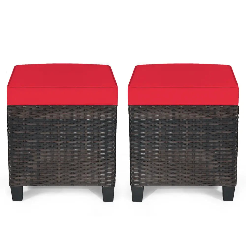 2 Pieces Patio Rattan Ottoman Set with Removable Cushions-Red - Red - Outdoor Seating & Patio Chairs