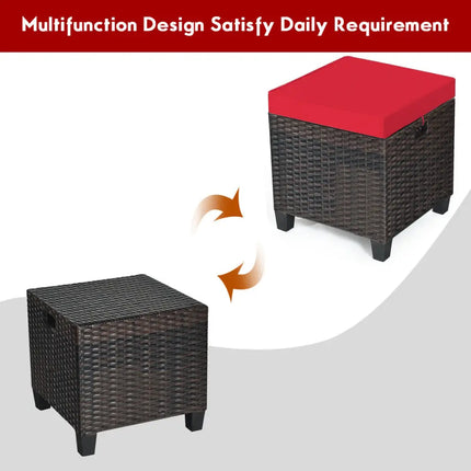 2 Pieces Patio Rattan Ottoman Set with Removable Cushions-Red - Red - Outdoor Seating & Patio Chairs
