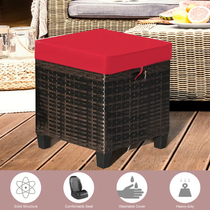 2 Pieces Patio Rattan Ottoman Set with Removable Cushions-Red - Red - Outdoor Seating & Patio Chairs