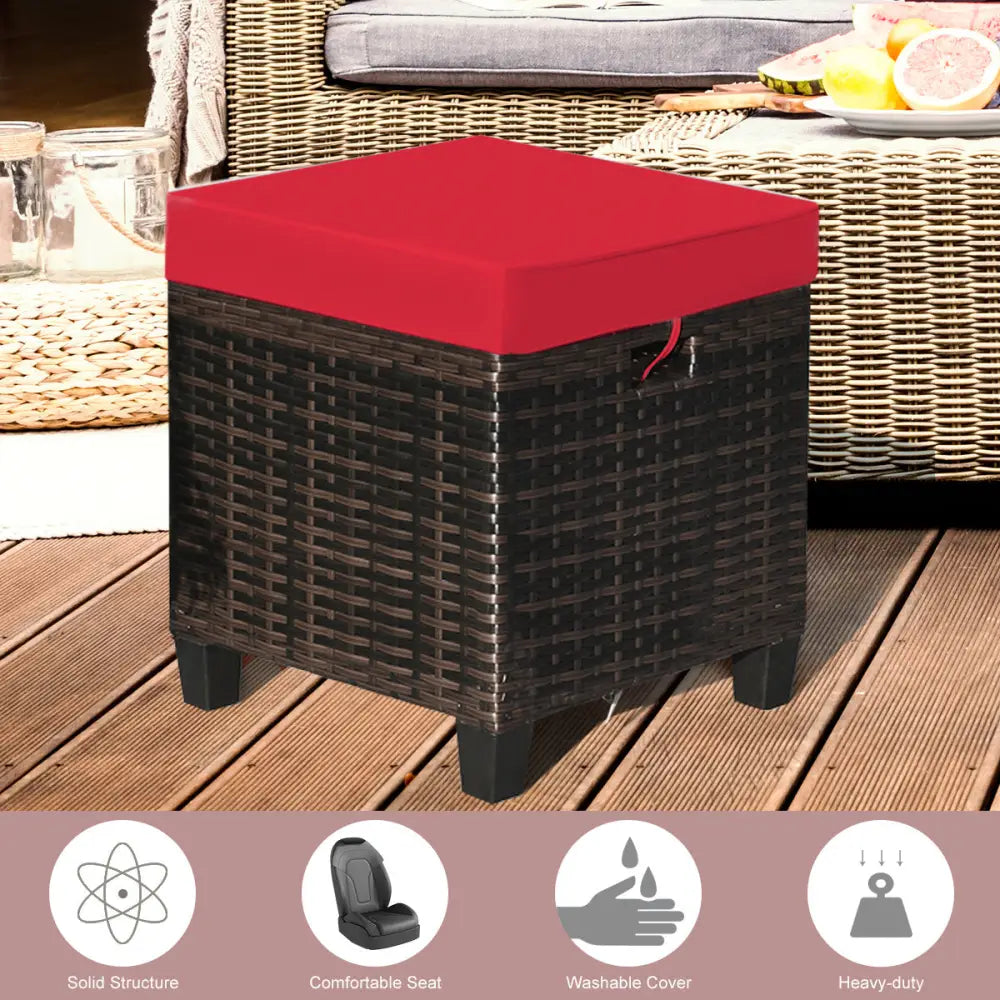2 Pieces Patio Rattan Ottoman Set with Removable Cushions-Red - Red - Outdoor Seating & Patio Chairs