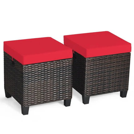 2 Pieces Patio Rattan Ottoman Set with Removable Cushions-Red - Red - Outdoor Seating & Patio Chairs