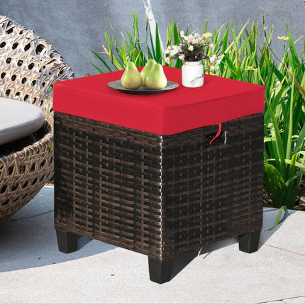 2 Pieces Patio Rattan Ottoman Set with Removable Cushions-Red - Red - Outdoor Seating & Patio Chairs