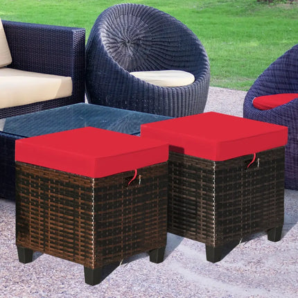 2 Pieces Patio Rattan Ottoman Set with Removable Cushions-Red - Red - Outdoor Seating & Patio Chairs