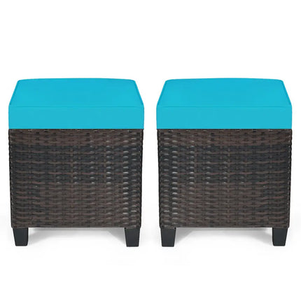 2 Pieces Patio Rattan Ottoman Set with Removable Cushions-Turquoise - Turquoise - Outdoor Seating & Patio Chairs