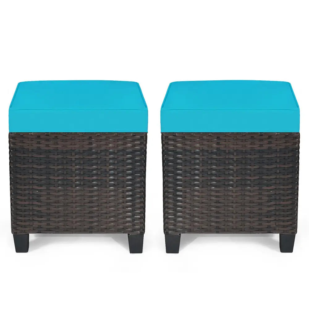 2 Pieces Patio Rattan Ottoman Set with Removable Cushions-Turquoise - Turquoise - Outdoor Seating & Patio Chairs