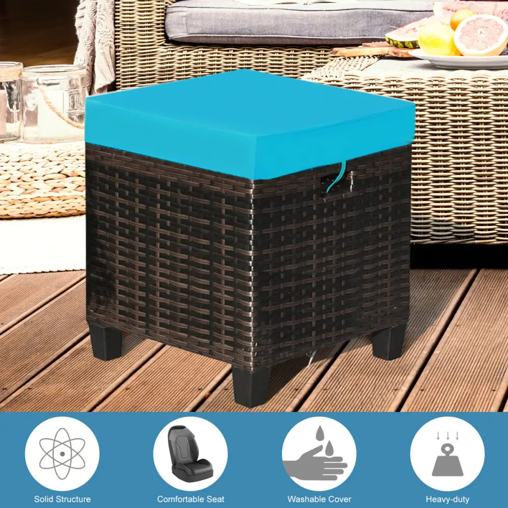 2 Pieces Patio Rattan Ottoman Set with Removable Cushions-Turquoise - Turquoise - Outdoor Seating & Patio Chairs
