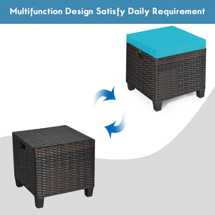 2 Pieces Patio Rattan Ottoman Set with Removable Cushions-Turquoise - Turquoise - Outdoor Seating & Patio Chairs
