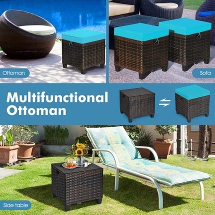 2 Pieces Patio Rattan Ottoman Set with Removable Cushions-Turquoise - Turquoise - Outdoor Seating & Patio Chairs